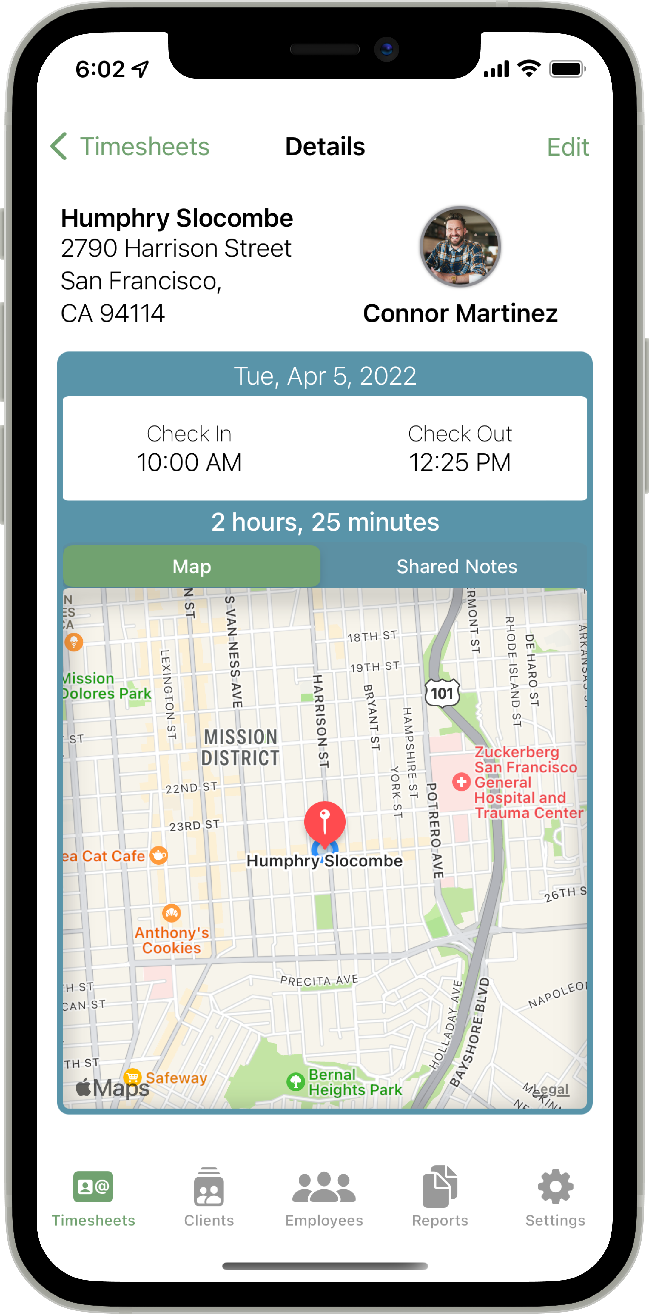 A beautifully designed timeseheet screen, with a client's address, employee, map, and check in and check out times.
